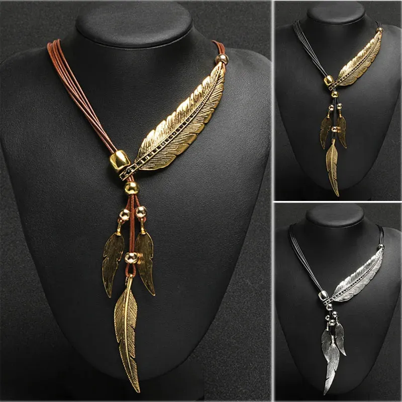 New Bohemian Style Rope Chain Leaf Feather Pattern Pendant For Women Fine Jewelry Statement Necklace