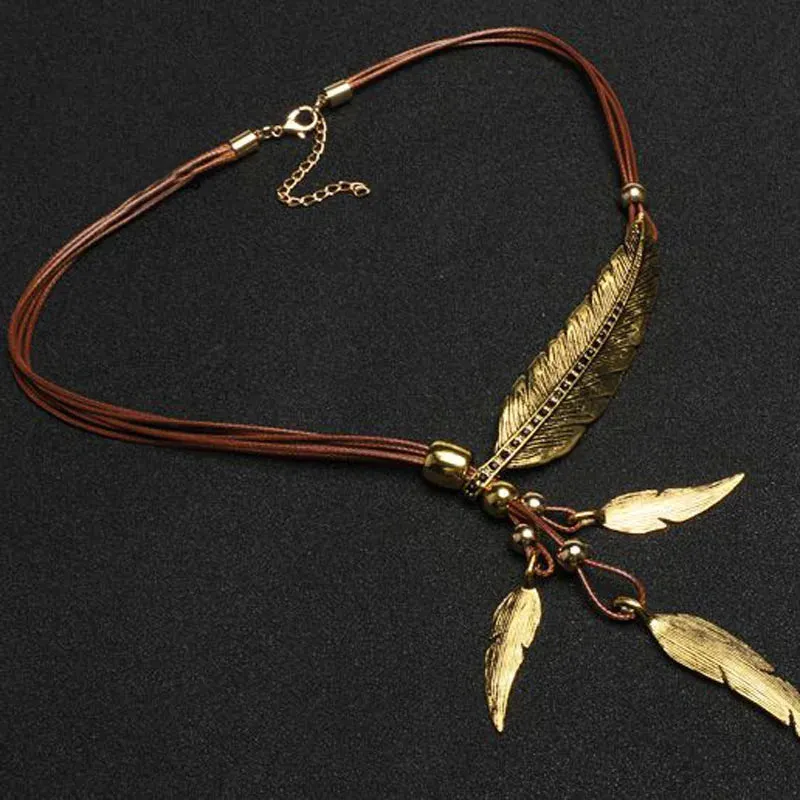 New Bohemian Style Rope Chain Leaf Feather Pattern Pendant For Women Fine Jewelry Statement Necklace