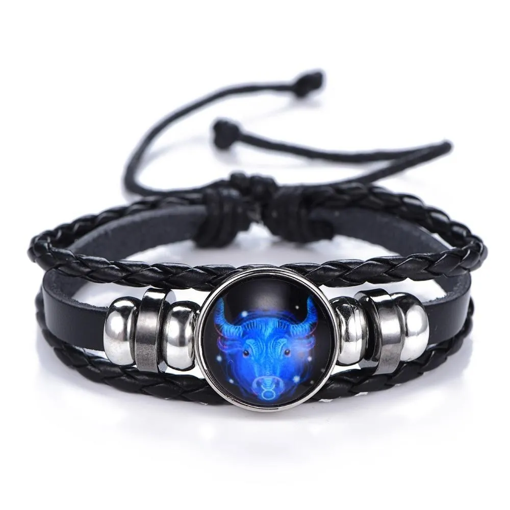 New Gemini C Leo Virgo Libra Scorpio 12 Constellation Amazing Black Elegant Punk Leather Bracelet Zodiac Bracelet For Men And Women