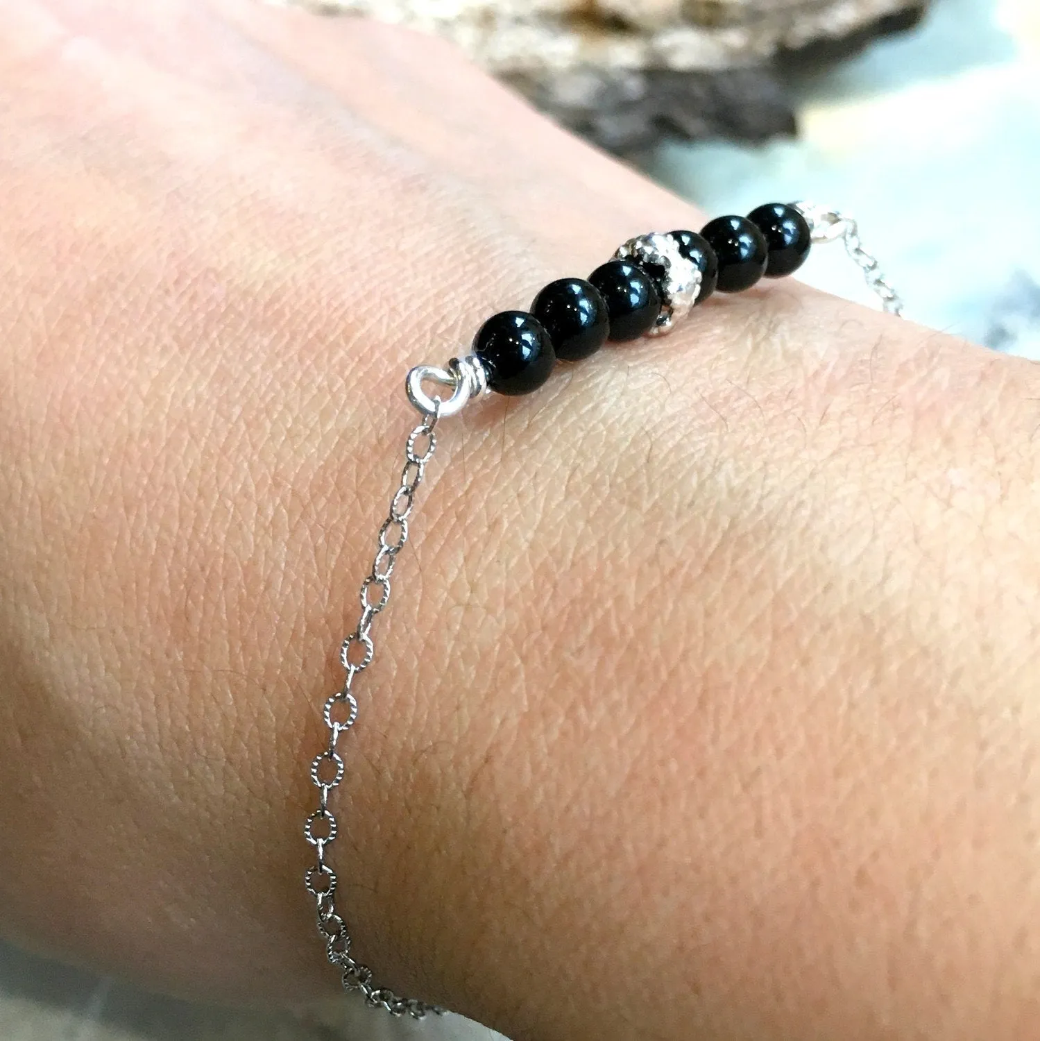 Onyx Beads Silver Chain Bracelet - Forevermore.