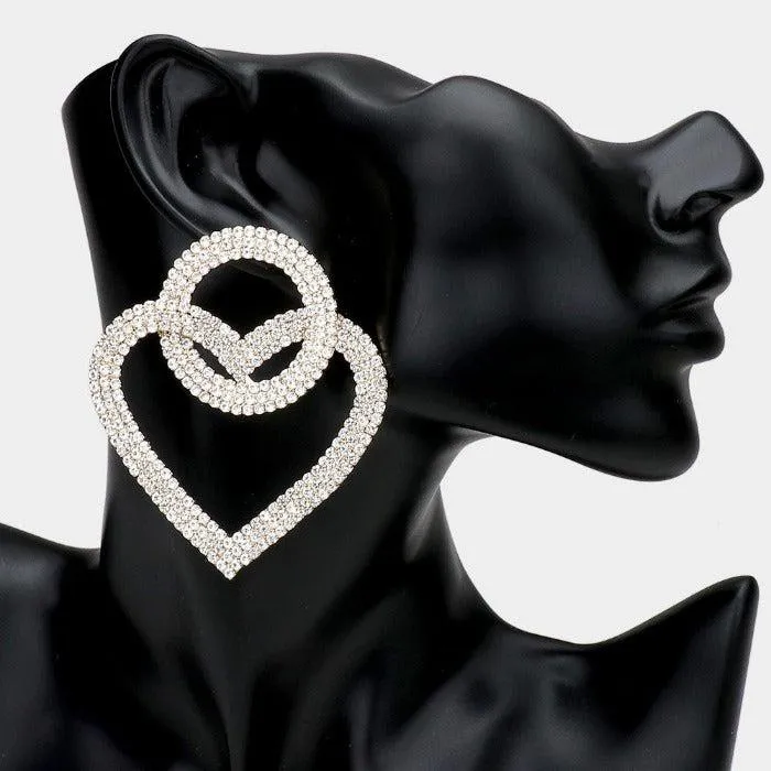 Open Circle Heart Link Clear Rhinestone Earrings