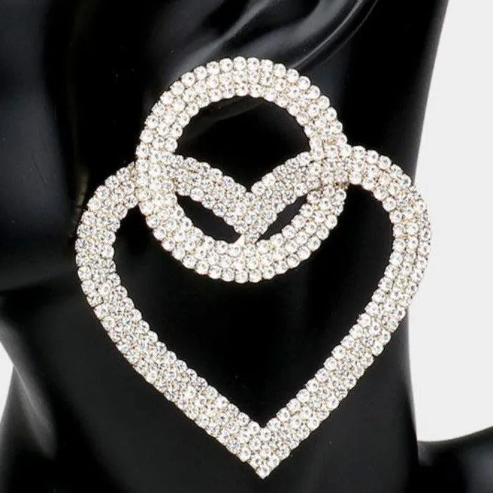 Open Circle Heart Link Clear Rhinestone Earrings