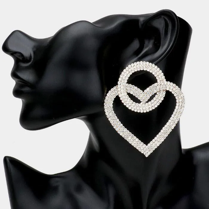 Open Circle Heart Link Clear Rhinestone Earrings