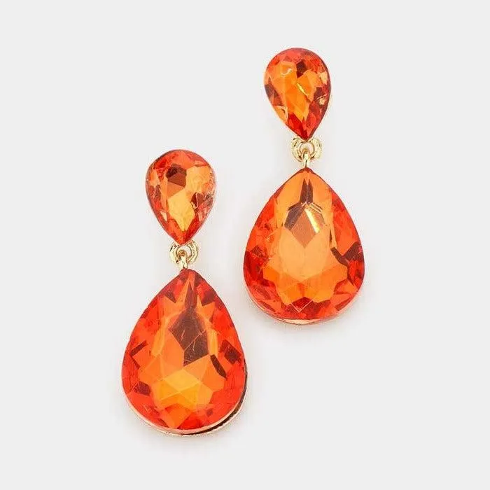 Orange Crystal Teardrop Gold Earrings