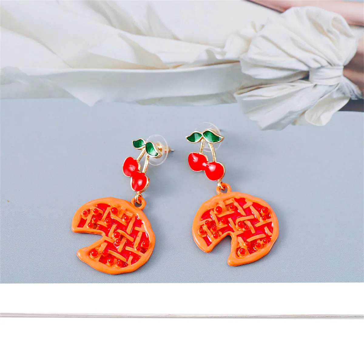 Orange Enamel & Resin Tiered Cherry Pomegranate Drop Earrings