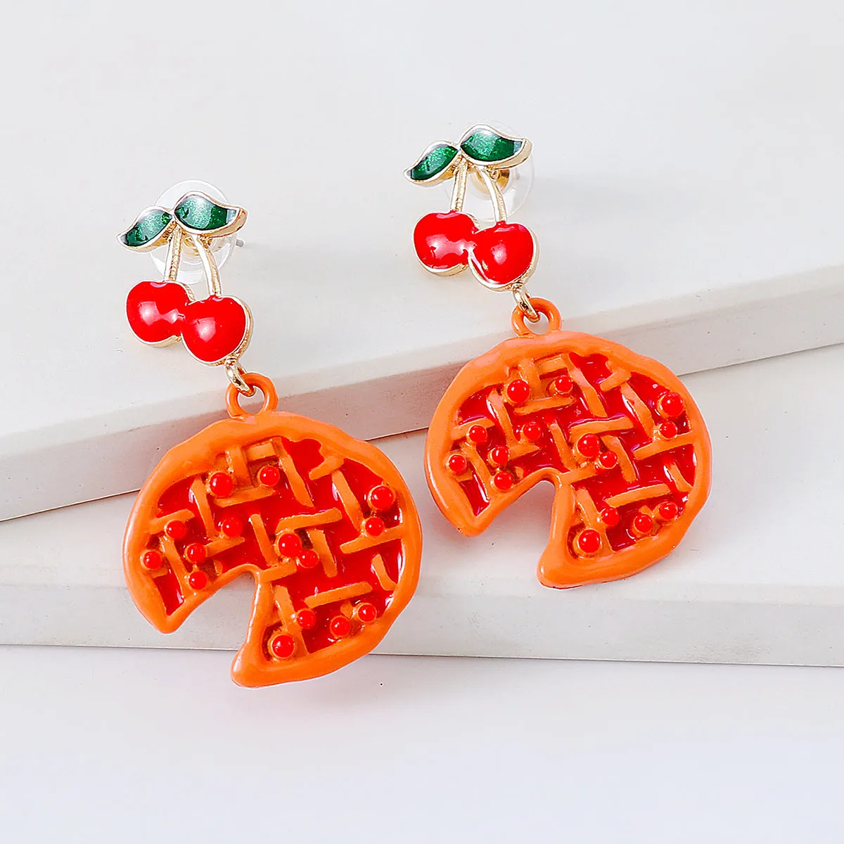 Orange Enamel & Resin Tiered Cherry Pomegranate Drop Earrings