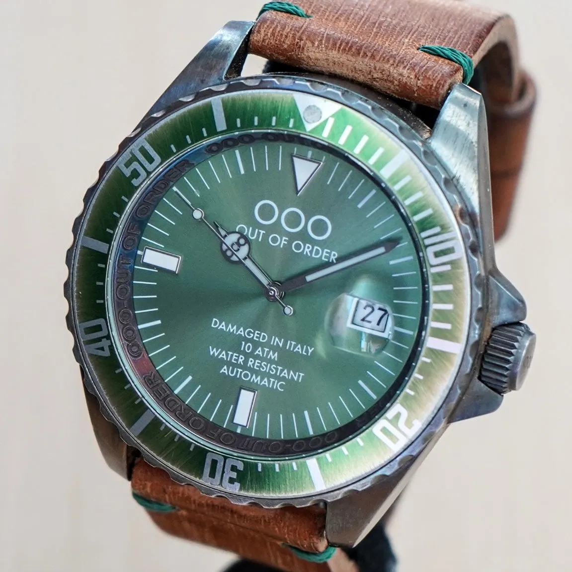 OUT OF ORDER Automatico Green Watch Date Wristwatch - ALL Original 2 Bands Box & Papers