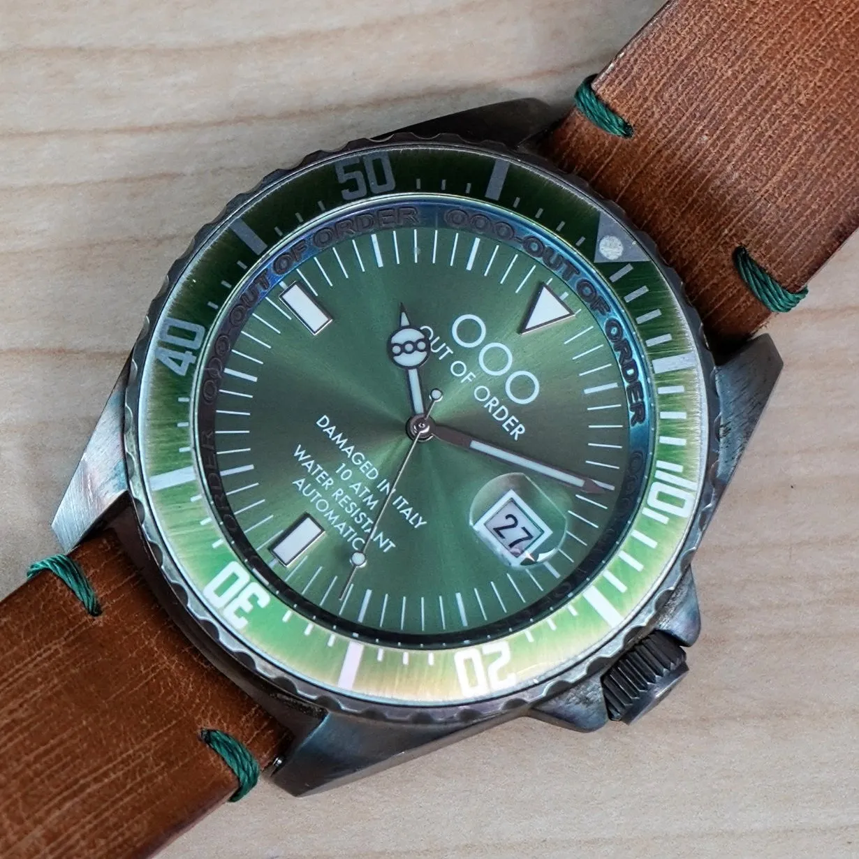 OUT OF ORDER Automatico Green Watch Date Wristwatch - ALL Original 2 Bands Box & Papers