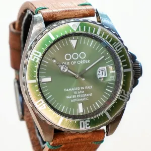 OUT OF ORDER Automatico Green Watch Date Wristwatch - ALL Original 2 Bands Box & Papers