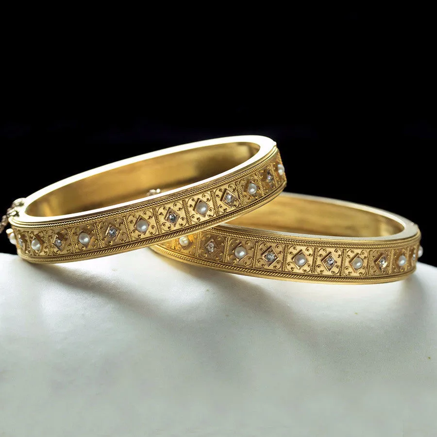 Pair of Victorian Bangles with Diamond & Pearl