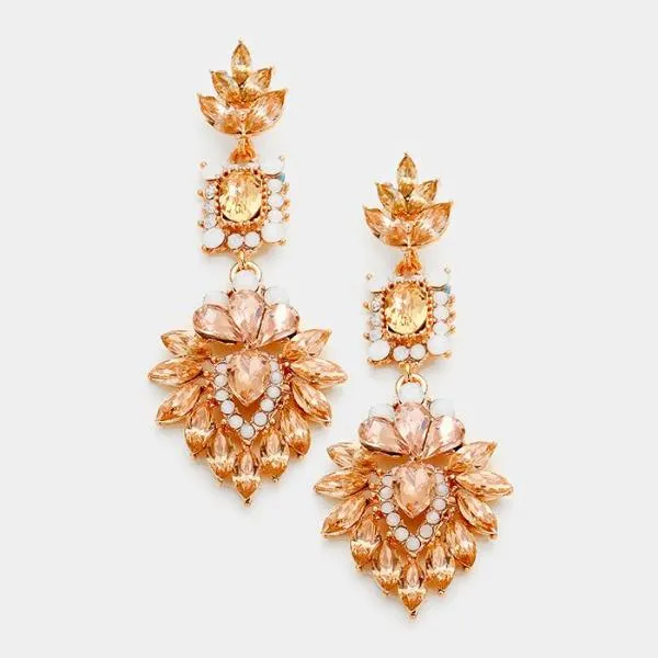 Peach Crystal & Rose Gold Ornate Evening Earrings