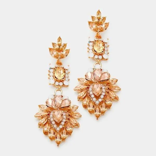 Peach Crystal & Rose Gold Ornate Evening Earrings