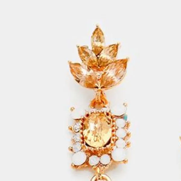 Peach Crystal & Rose Gold Ornate Evening Earrings