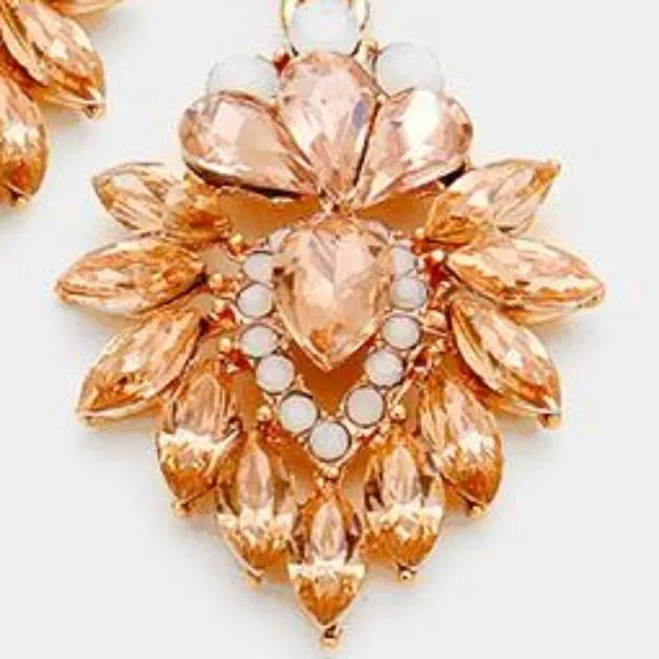 Peach Crystal & Rose Gold Ornate Evening Earrings