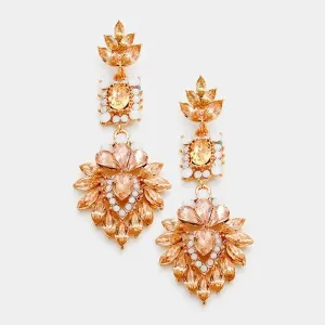 Peach Crystal & Rose Gold Ornate Evening Earrings