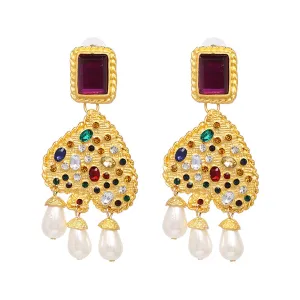 Pearl & Multicolor Crystal 18K Gold-Plated Abstract Heart Drop Earrings