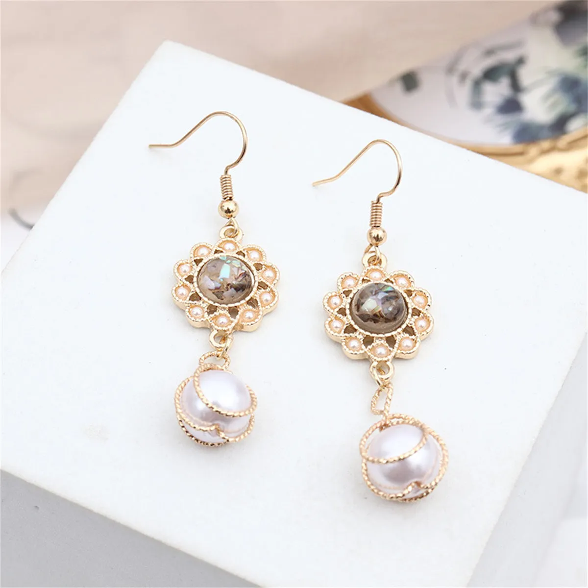 Pearl & Resin 18K Gold-Plated Flower Drop Earrings