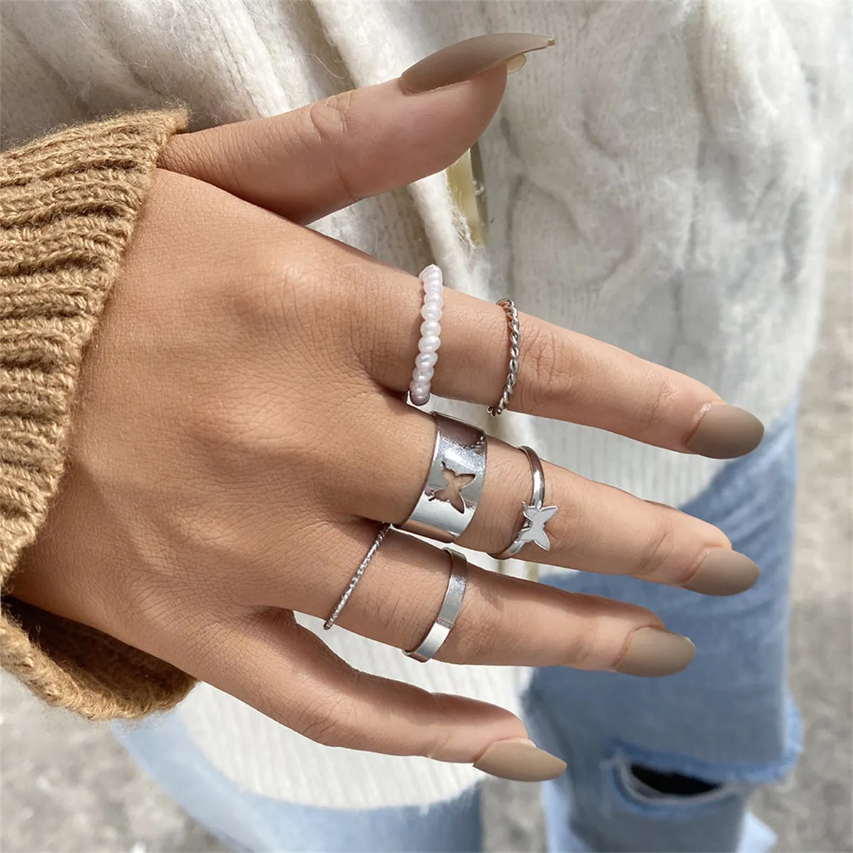 Pearl & Silver-Plated Butterfly Ring Set