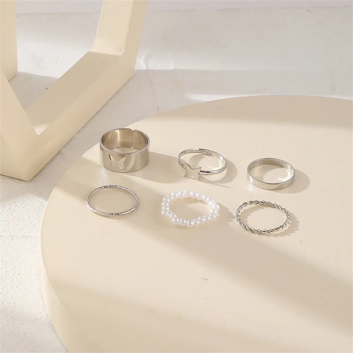 Pearl & Silver-Plated Butterfly Ring Set