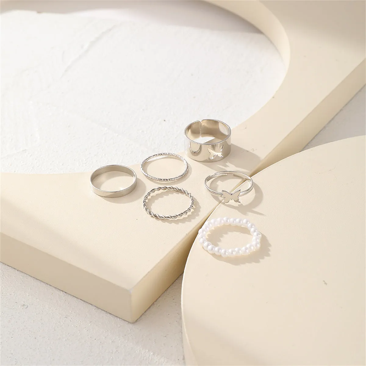 Pearl & Silver-Plated Butterfly Ring Set
