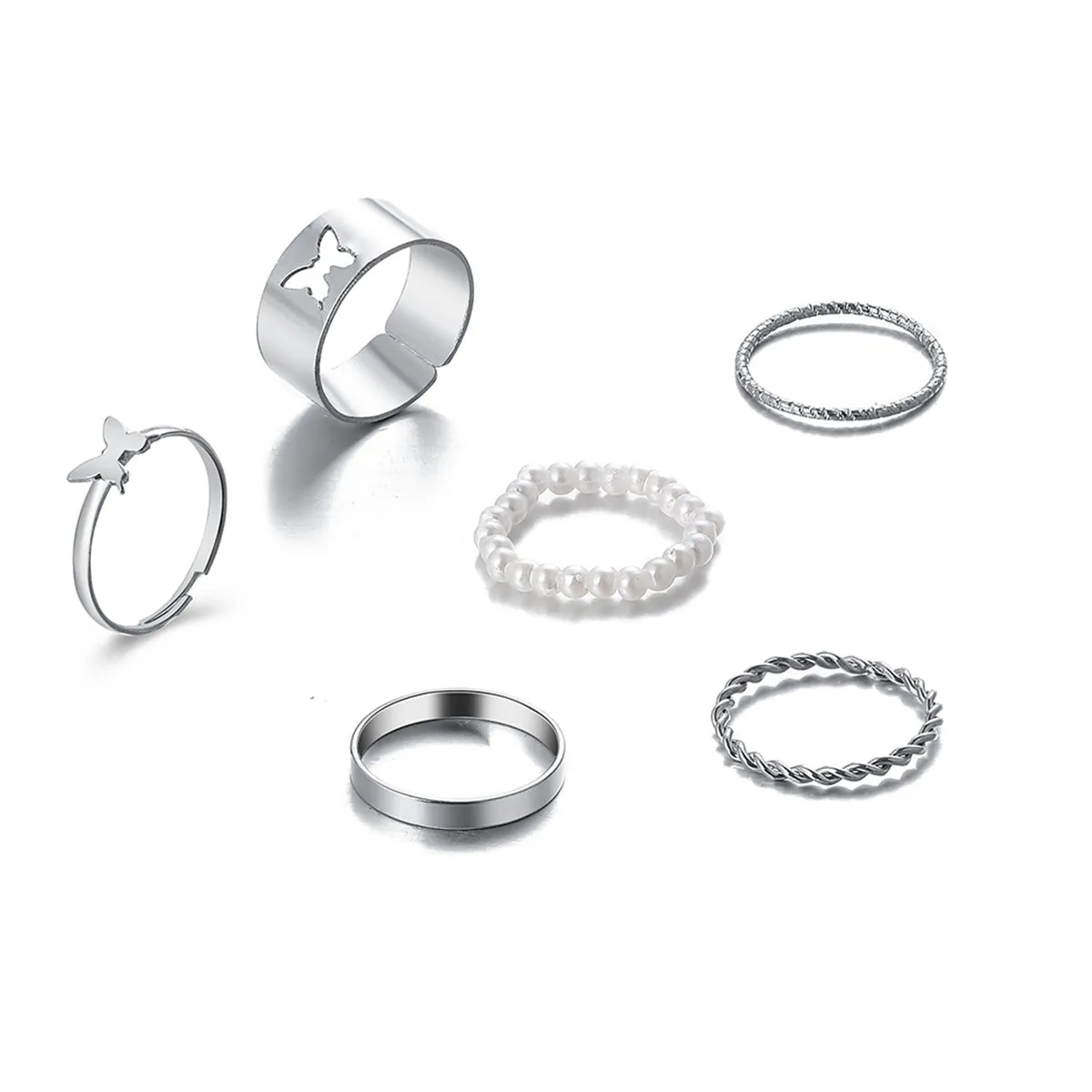 Pearl & Silver-Plated Butterfly Ring Set