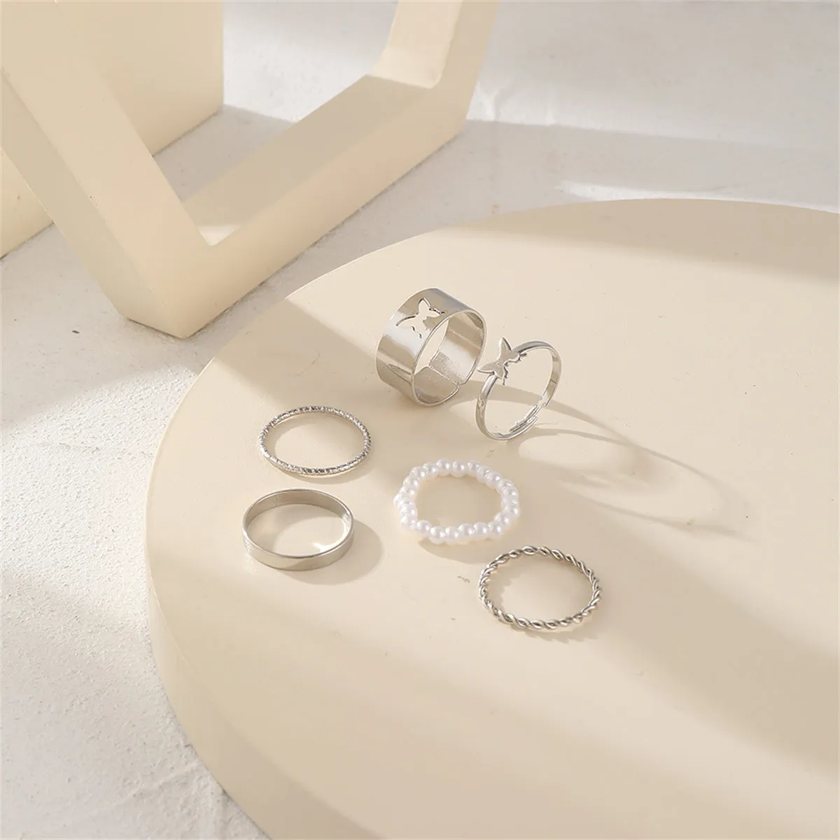 Pearl & Silver-Plated Butterfly Ring Set
