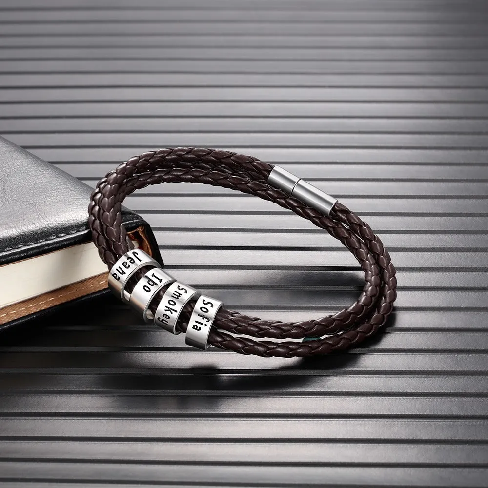 Personalized 4 Names Brown Braided Rope Leather Bracelet