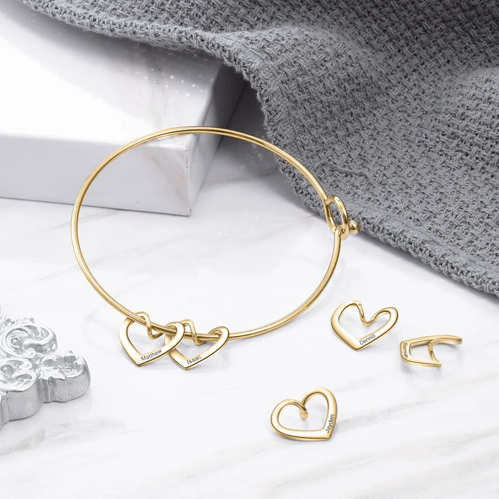 Personalized Engraving Name Heart Charms Bracelets for Women Stainless Steel Customized Bangle DIY Jewelry Gift for Her