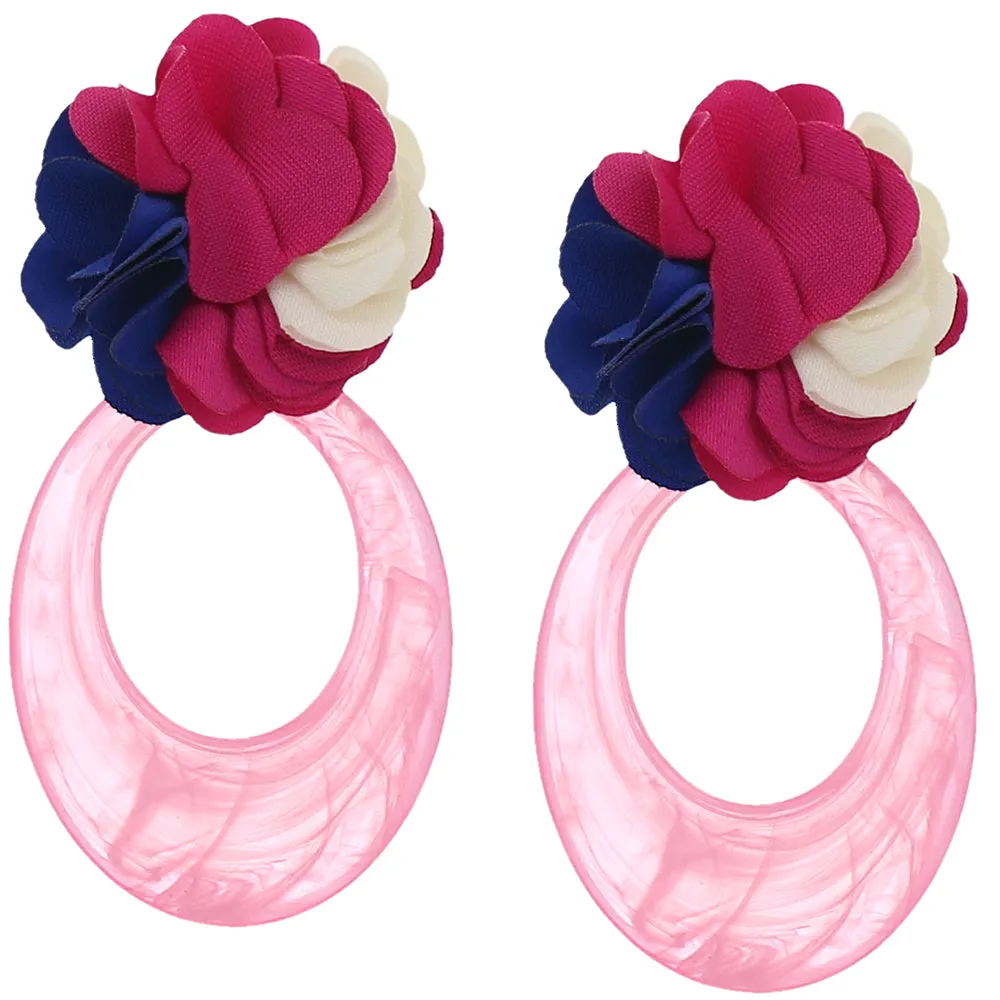 Pink Blue Oval Floral Resin Earrings