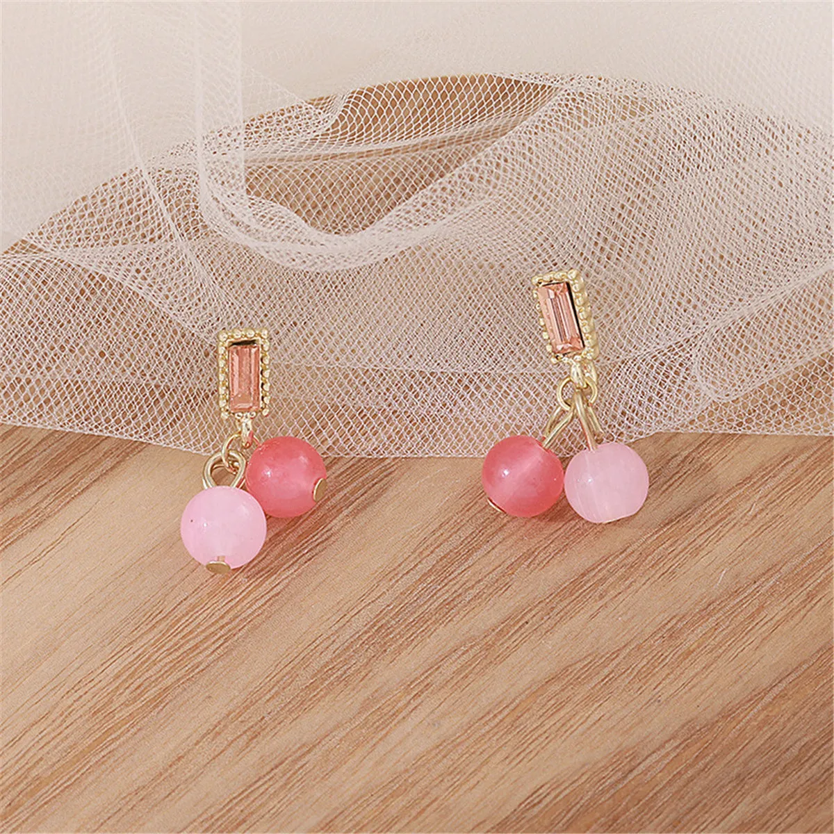 Pink Crystal & Dark Pink Bead Baguette Drop Earrings