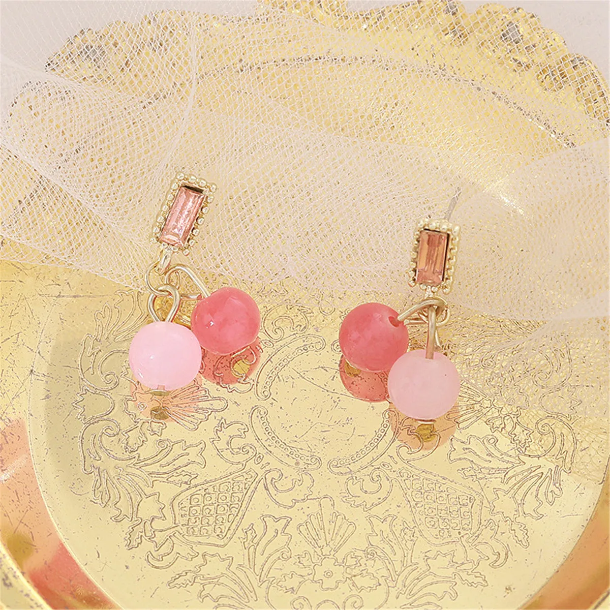 Pink Crystal & Dark Pink Bead Baguette Drop Earrings