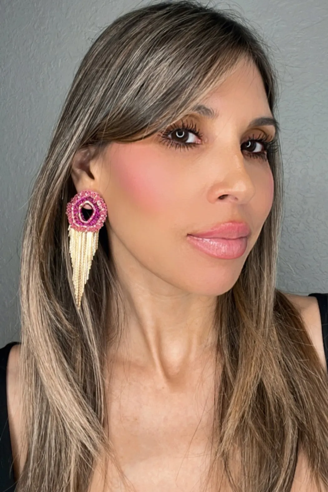 Pink Crystal & Gold Fringe Earring