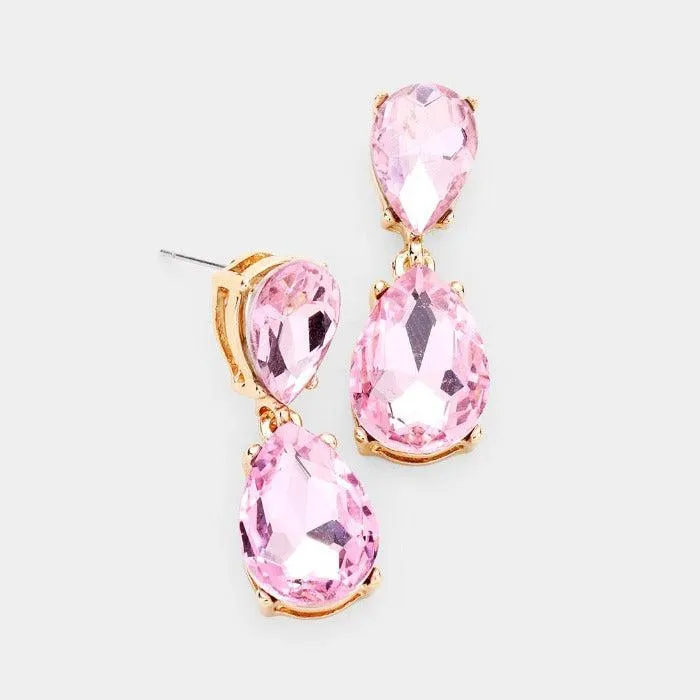 Pink Crystal Double Teardrop Gold Earrings