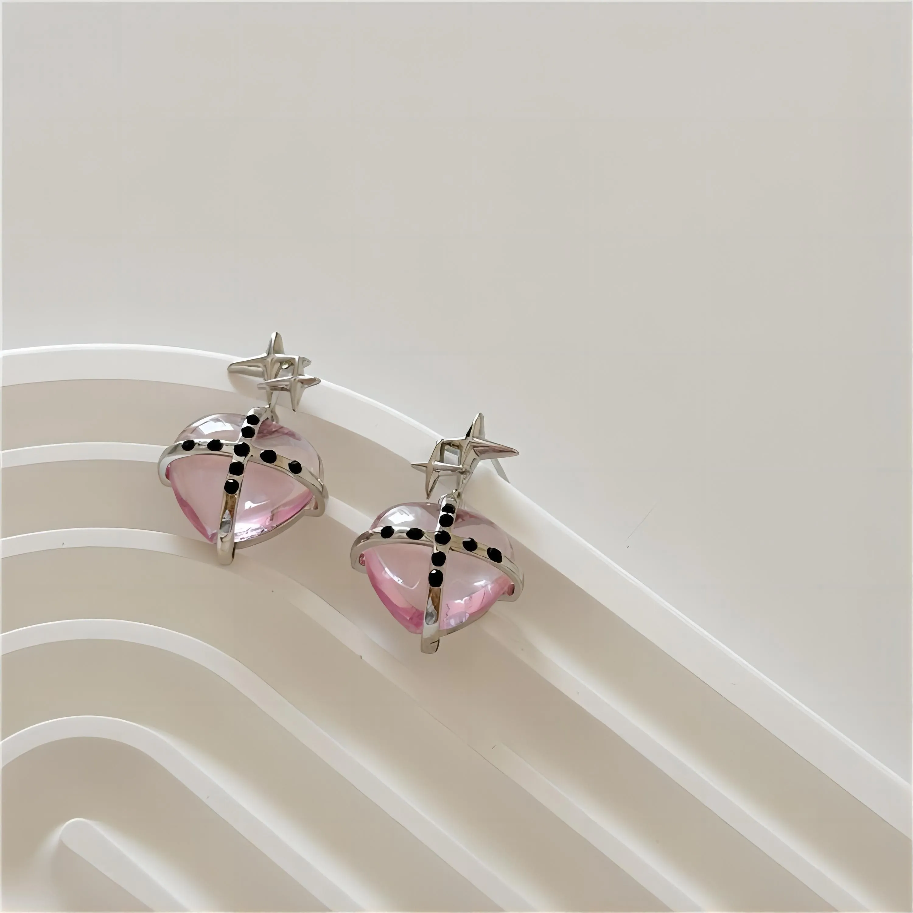 Pink Crystal Star Heart Dangle Earrings