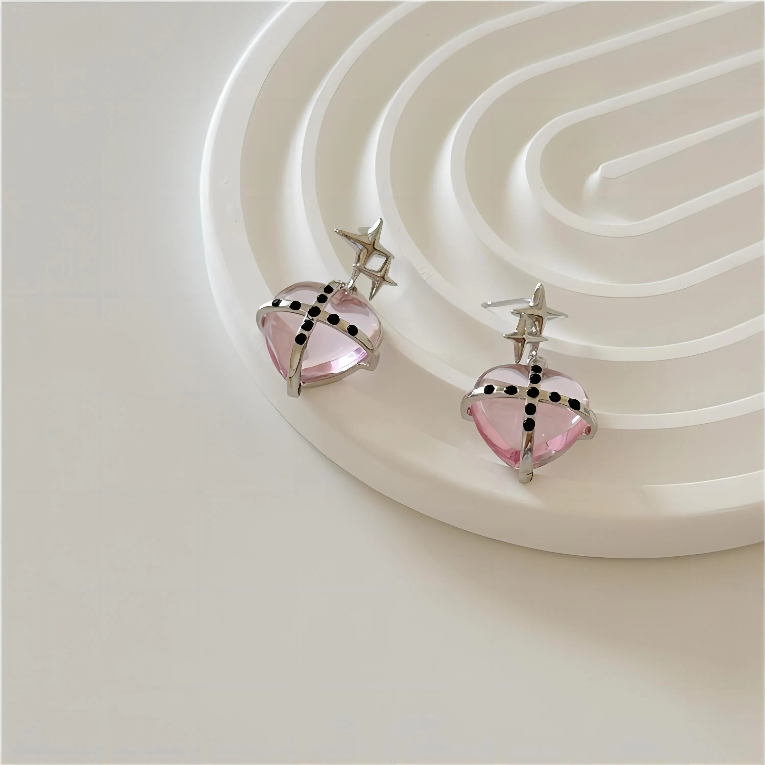 Pink Crystal Star Heart Dangle Earrings