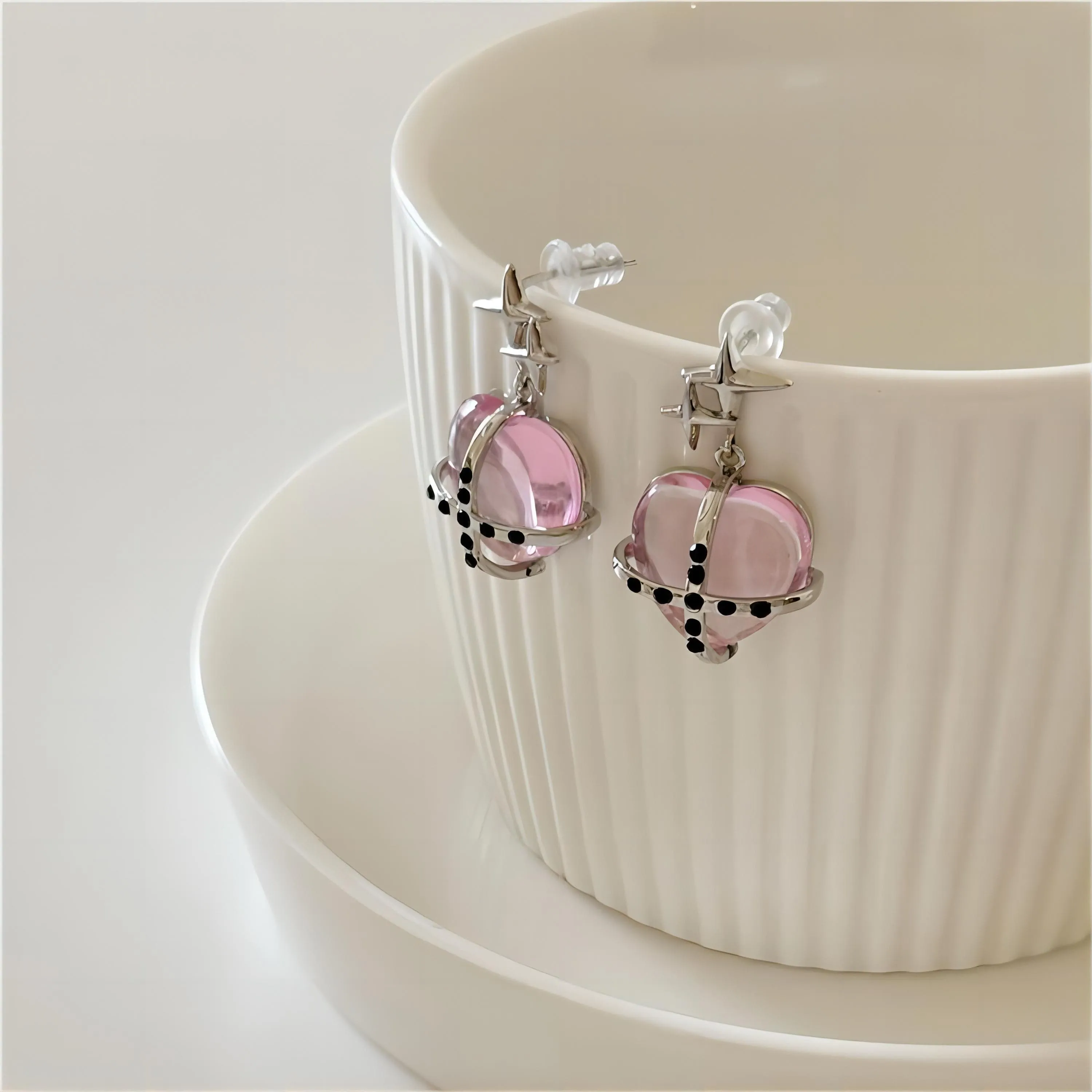 Pink Crystal Star Heart Dangle Earrings
