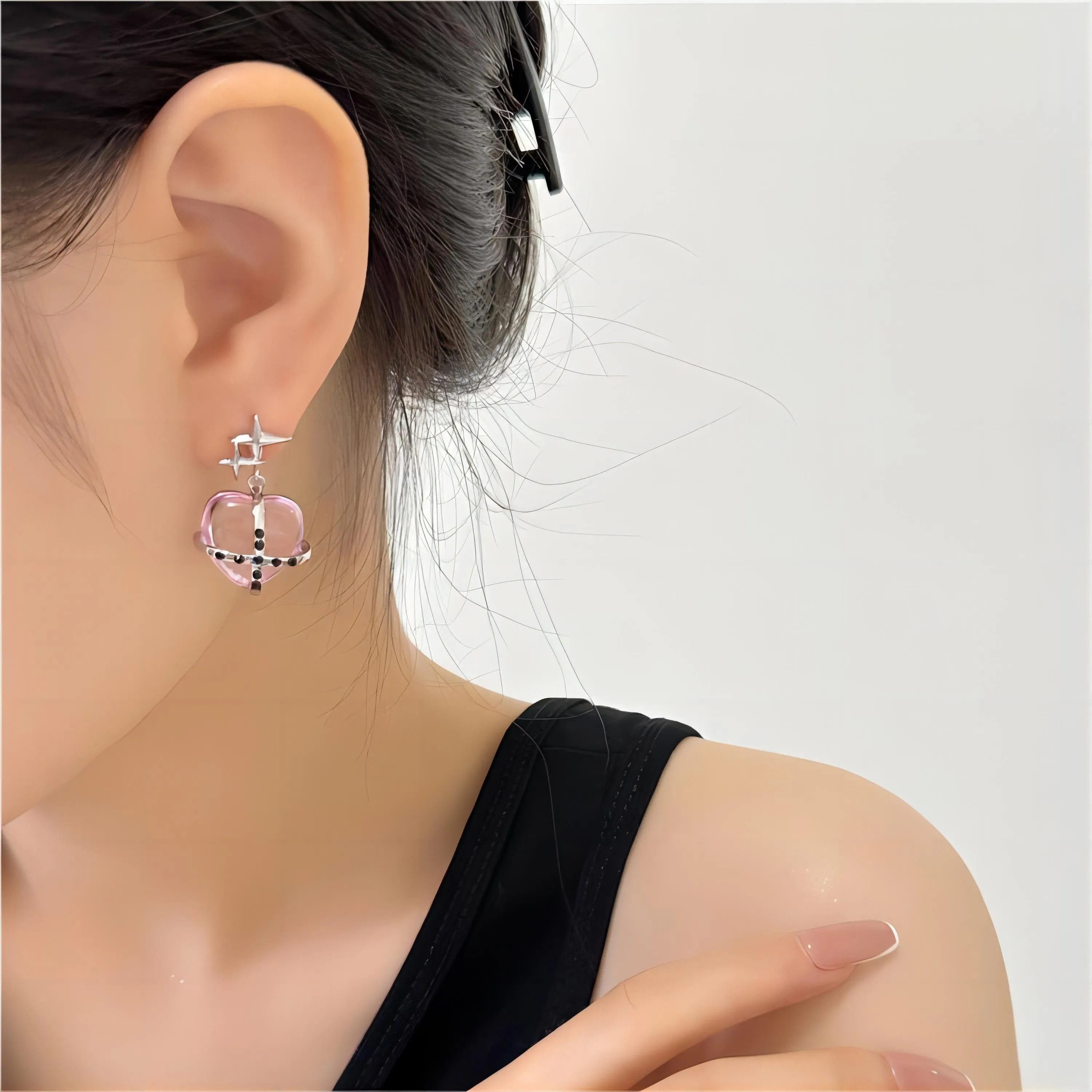 Pink Crystal Star Heart Dangle Earrings