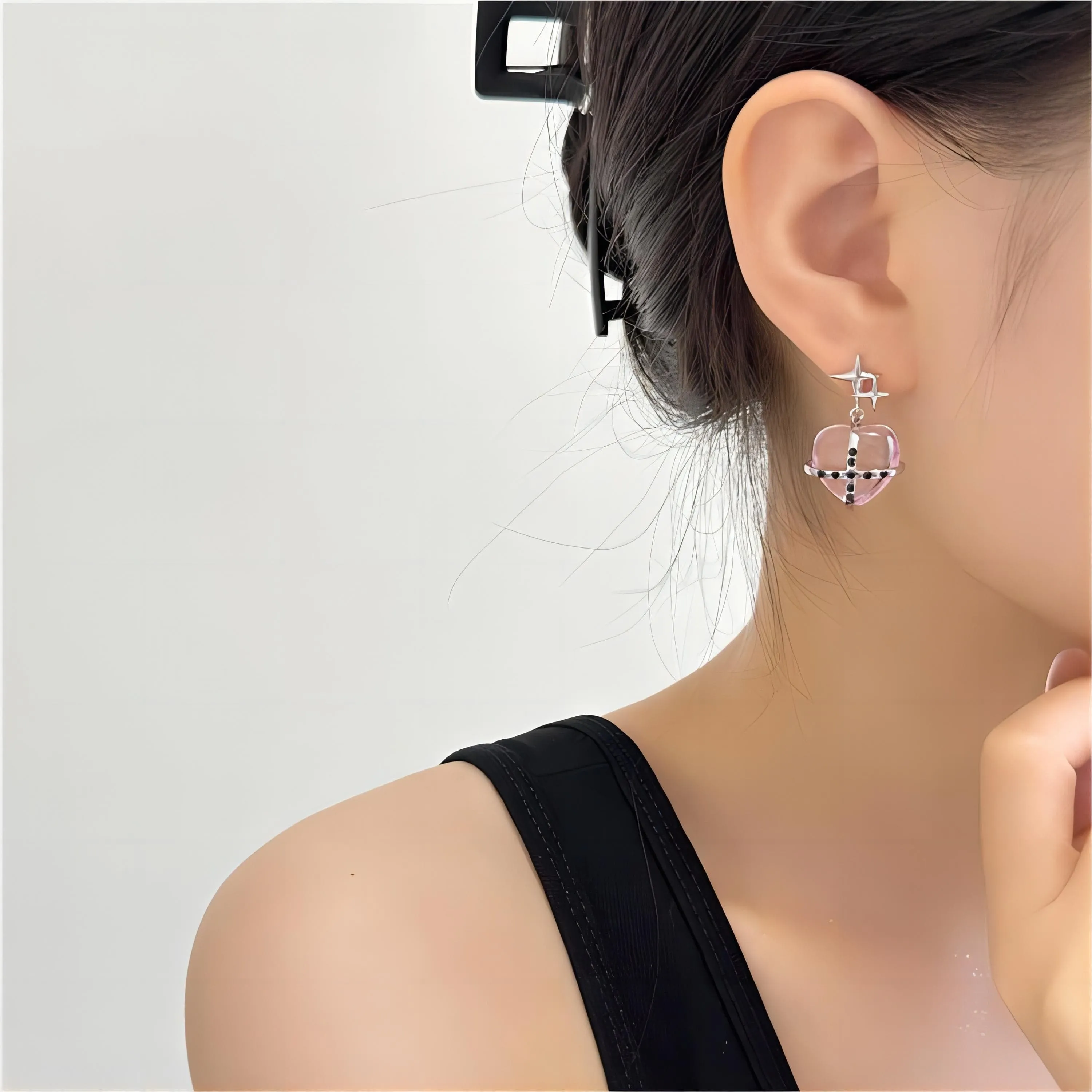Pink Crystal Star Heart Dangle Earrings