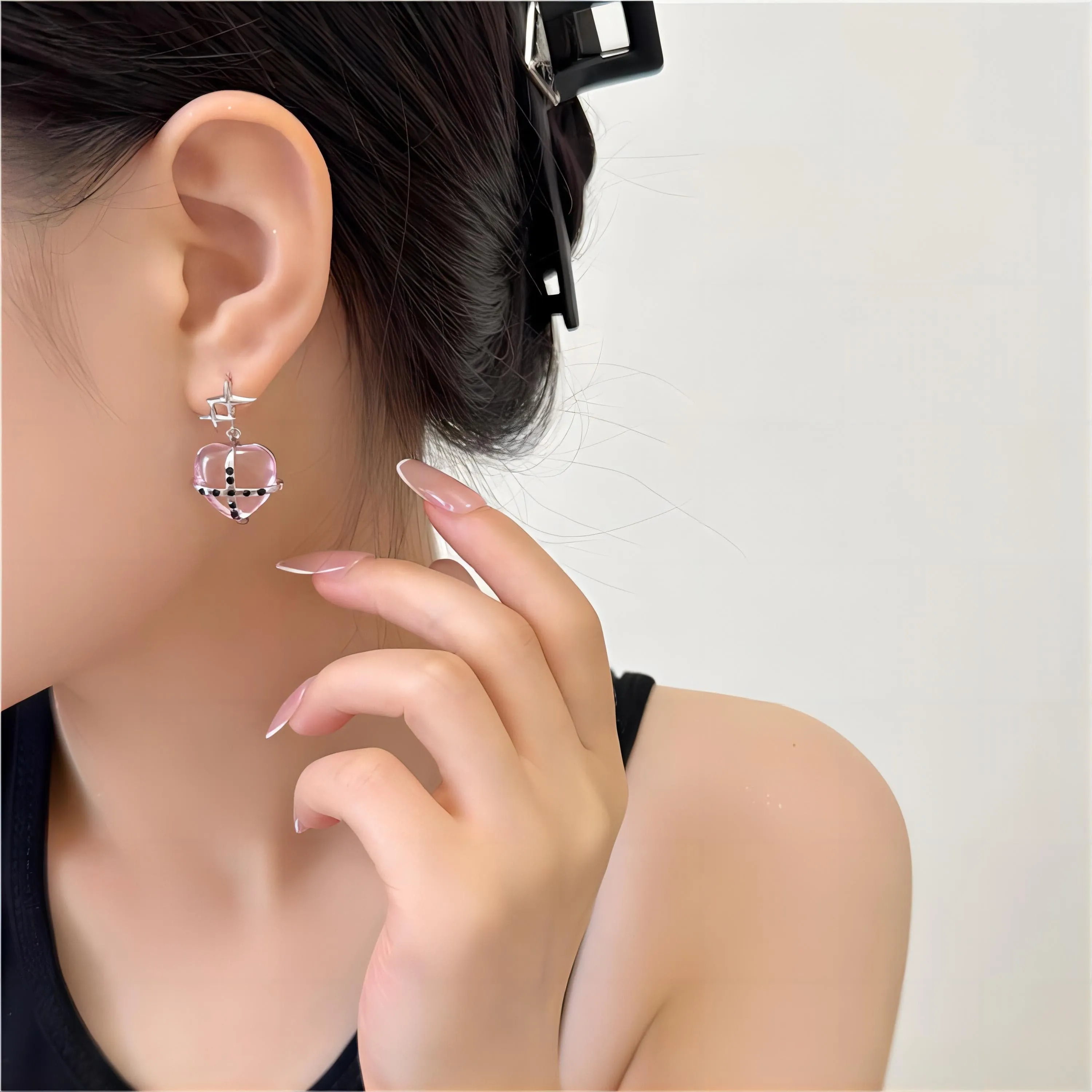 Pink Crystal Star Heart Dangle Earrings