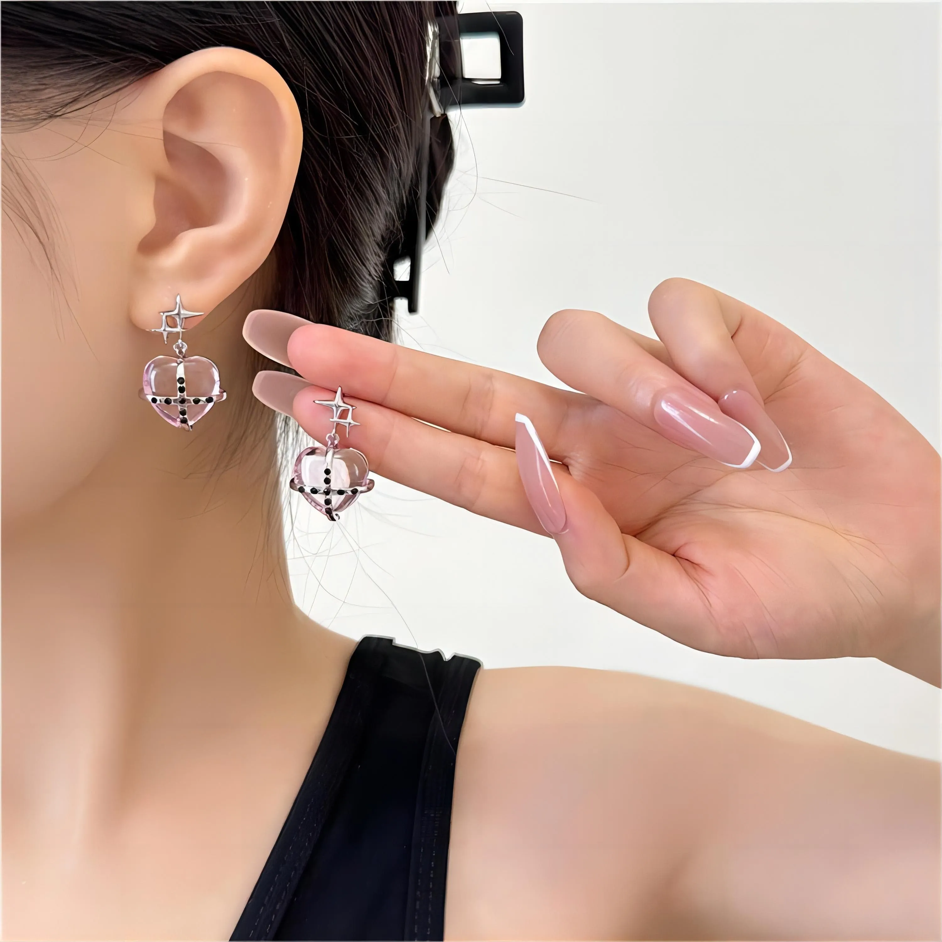 Pink Crystal Star Heart Dangle Earrings