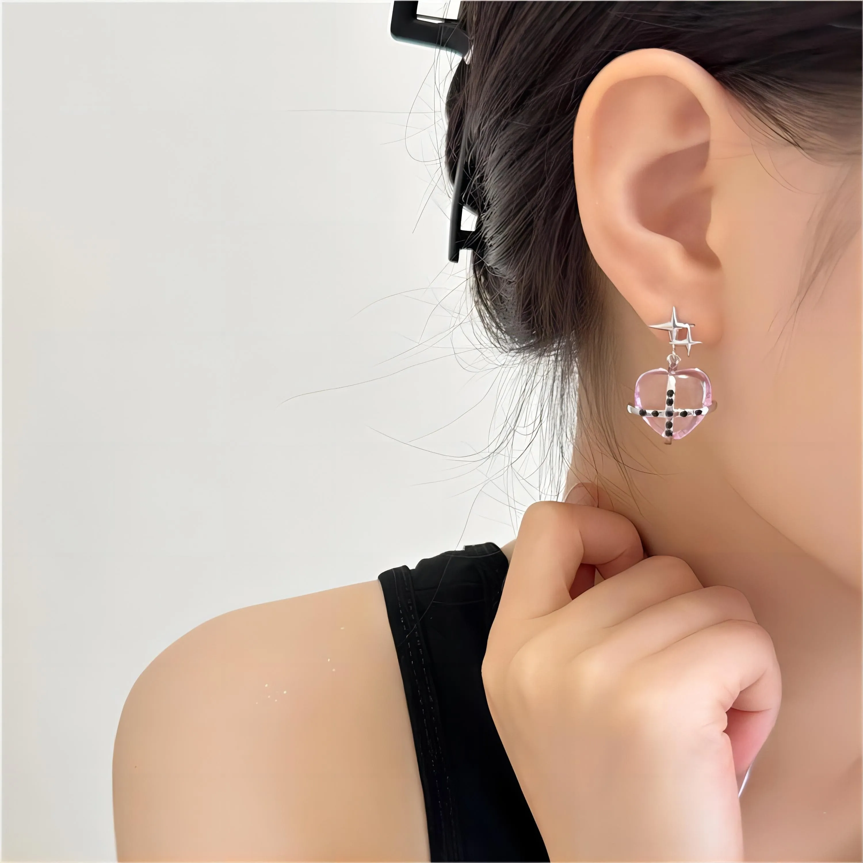 Pink Crystal Star Heart Dangle Earrings