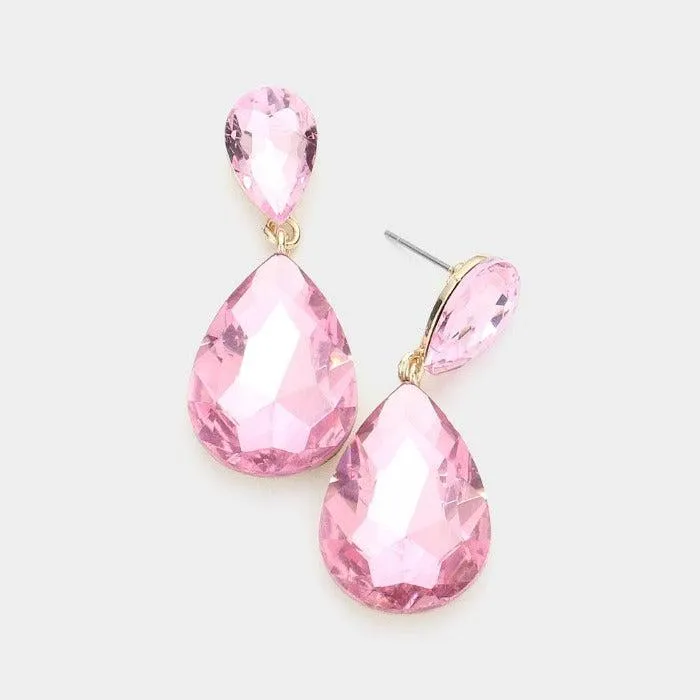 Pink Crystal Teardrop Gold Earrings