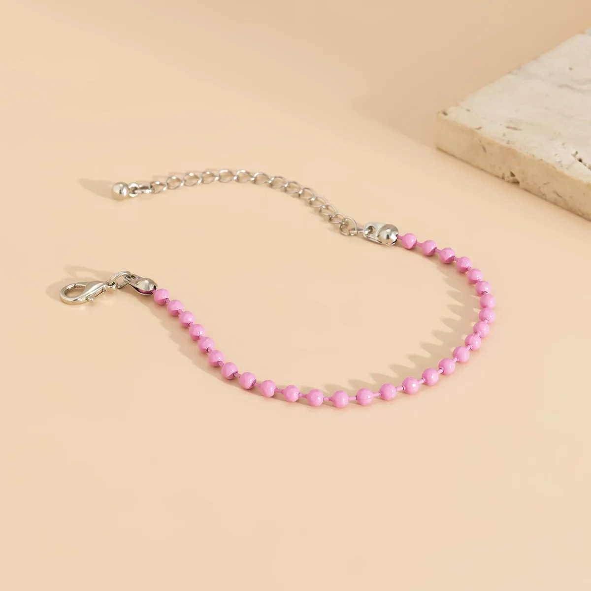 Pink Enamel & Silver-Plated Beaded Chain Bracelet