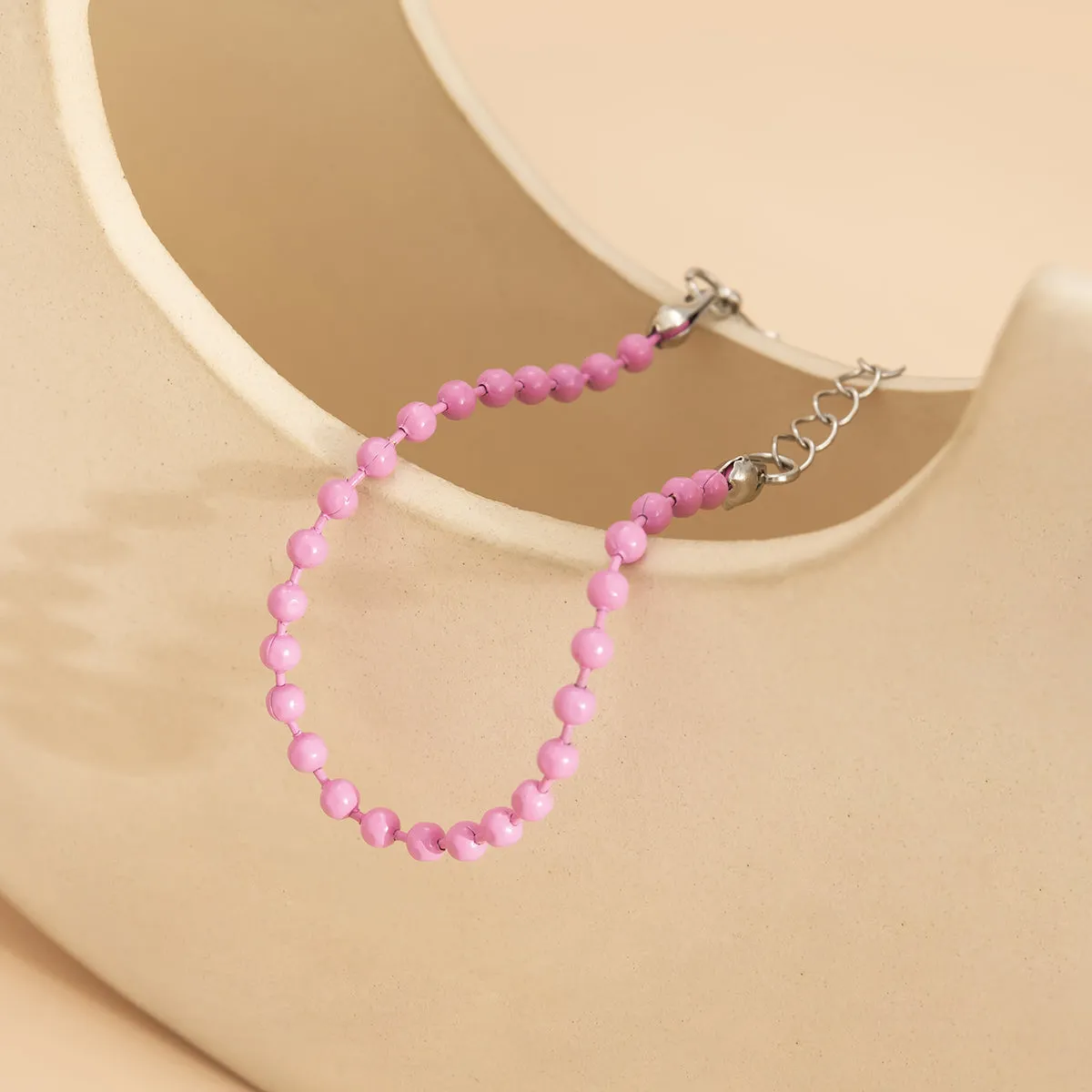 Pink Enamel & Silver-Plated Beaded Chain Bracelet