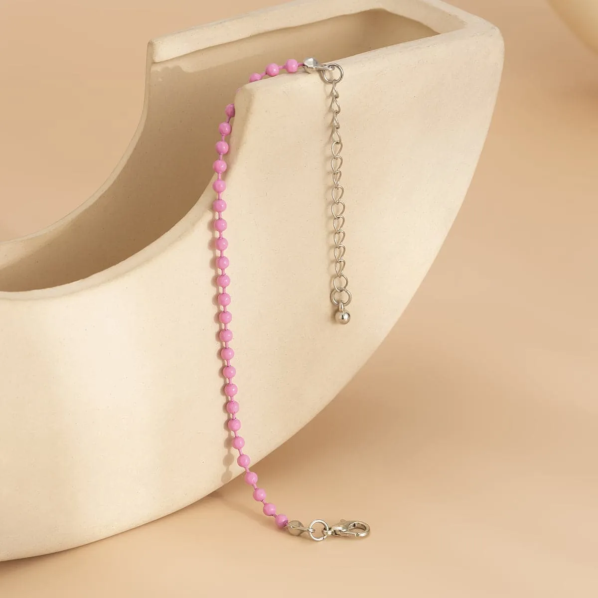 Pink Enamel & Silver-Plated Beaded Chain Bracelet