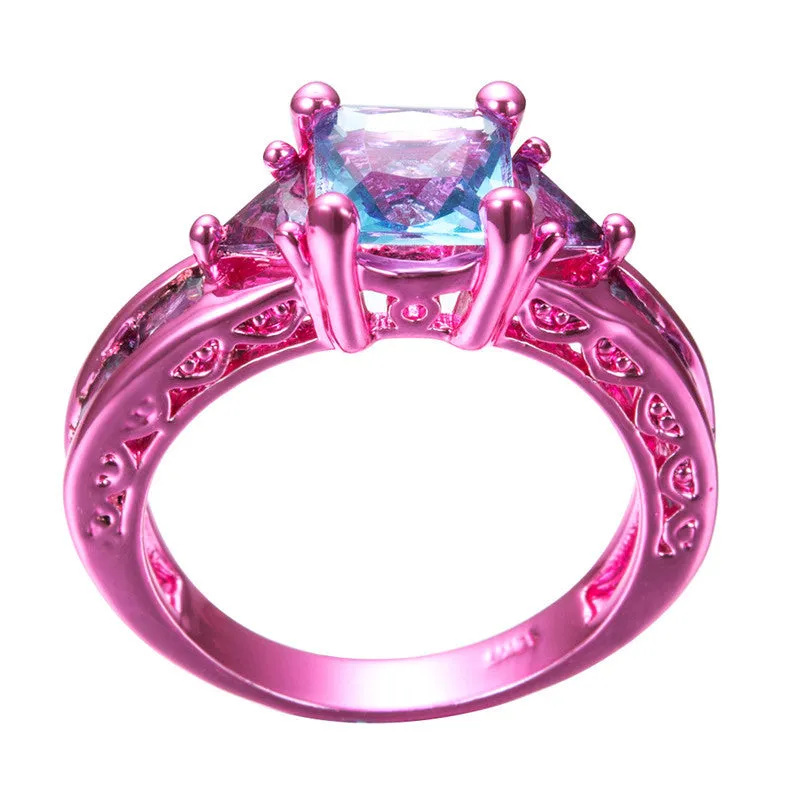 Pink Gold Princess Cut Light Blue Zircon Ring
