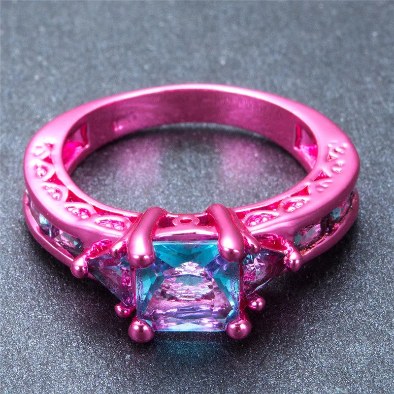 Pink Gold Princess Cut Light Blue Zircon Ring