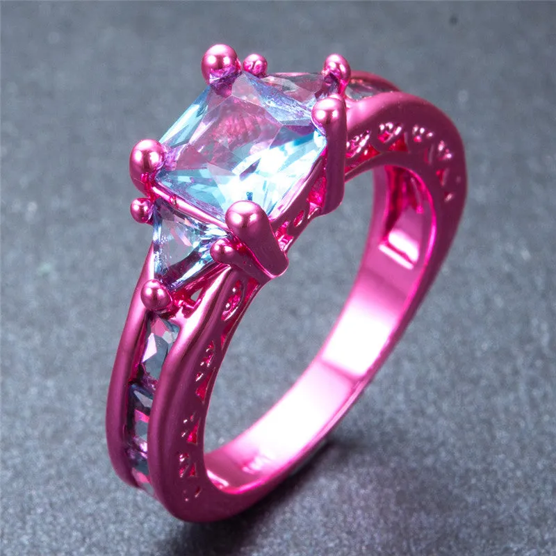 Pink Gold Princess Cut Light Blue Zircon Ring