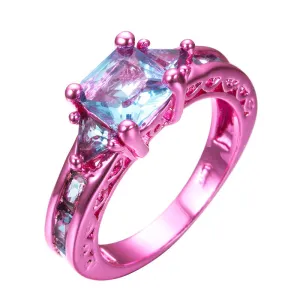 Pink Gold Princess Cut Light Blue Zircon Ring