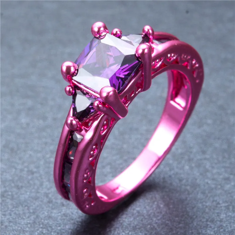 Pink Gold Princess Cut Purple Zircon Ring
